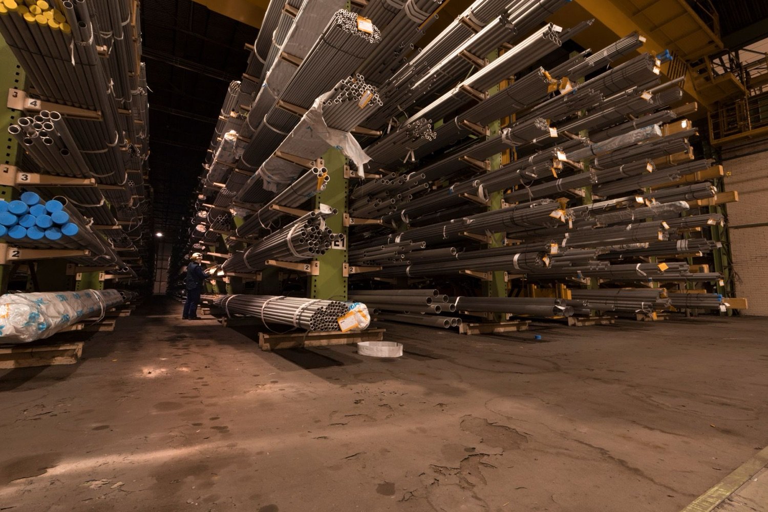 Steel stock racked in a supply warehouse