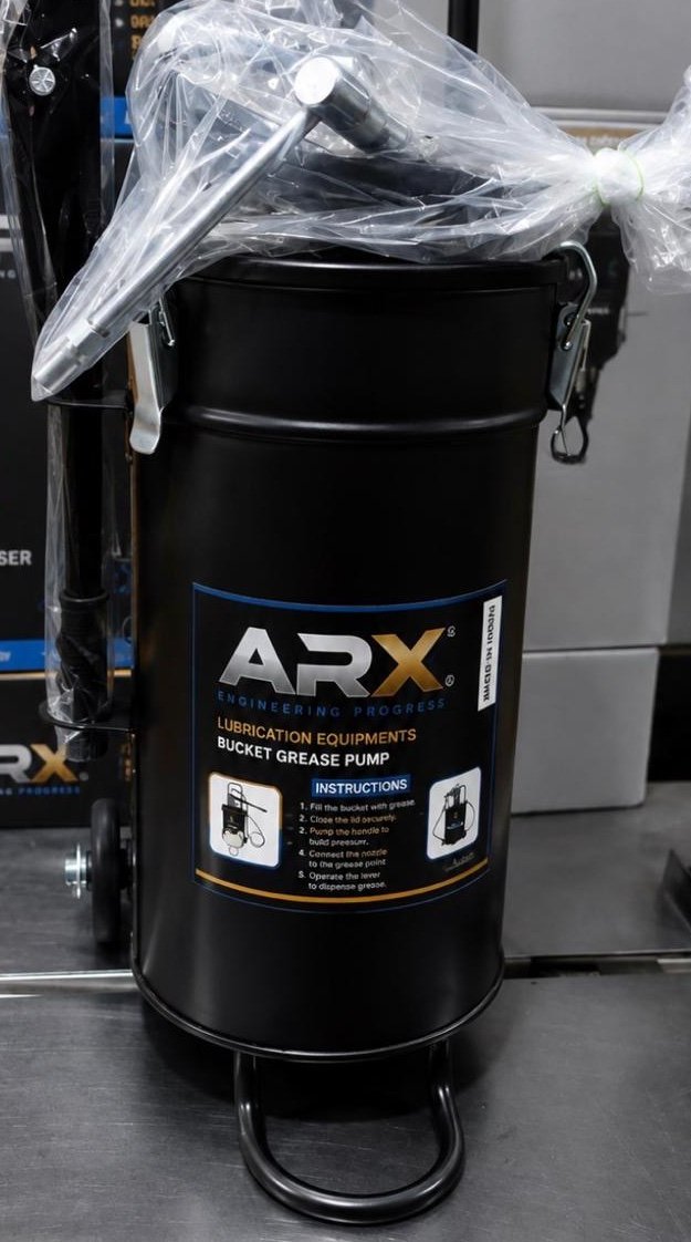 ARX bucket grease dispenser — trolley-mounted hand-operated bucket grease pump